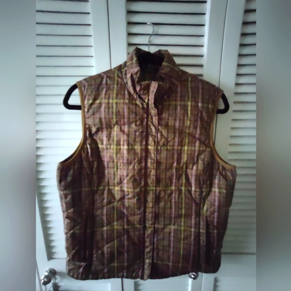 Lands End Sleeveless Vest Style Jacket Golden plaid colors, size S 6-8